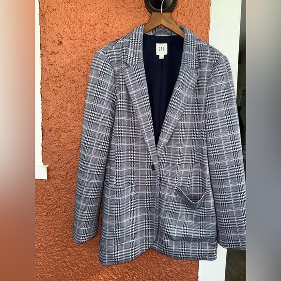 GAP Single Breasted Long Line Blazer Jacket Navy Blue White Plaid Stretch 12 - Picture 1 of 6